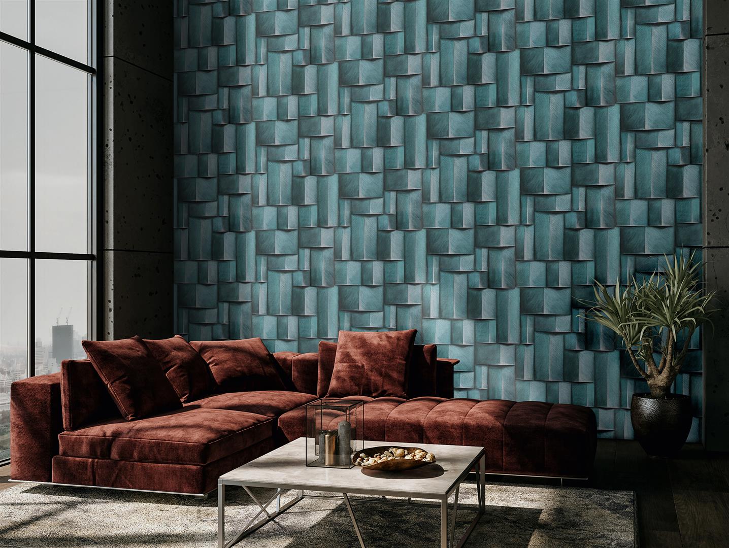 Modern 3D turkiz szinu anyagaban strukturalt tapeta 35389 Timber szobabelso - Modern 3D türkiz színű anyagában strukturált tapéta 35389 Timber - Modern 3D türkiz színű anyagában strukturált tapéta 35389 Timber