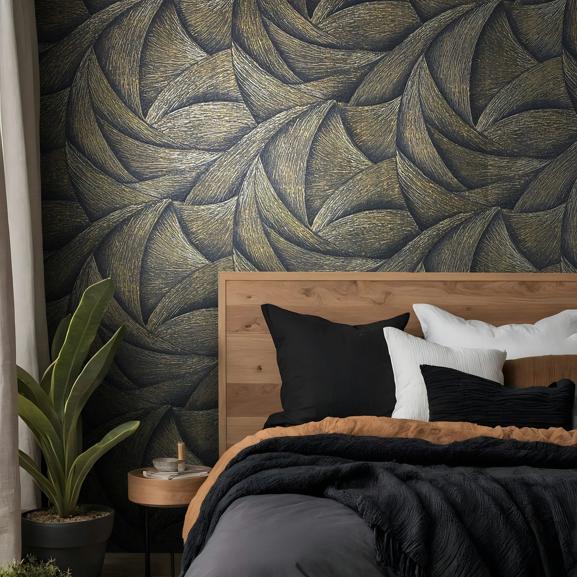 Ritus fekete alapon arany íves geometriai mintás tapéta 35506