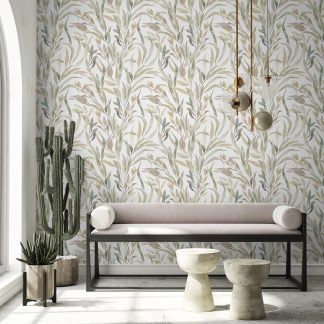 Levél mintás design tapéta bézs,szürke, fehér színvilágban 88963