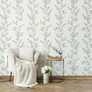 Vinyl tapéta zöld, szürke virág mintával skandináv stílusban 88989
